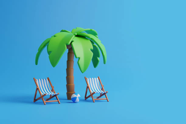 istock Cartoon tropical palm tree with chairs and beach accessories on a blue background 1493993687