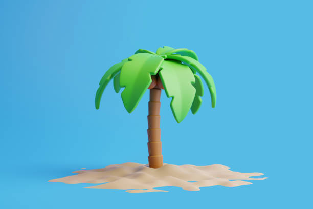 istock Cartoon tropical palm tree with beach sand on a blue background 1493993692