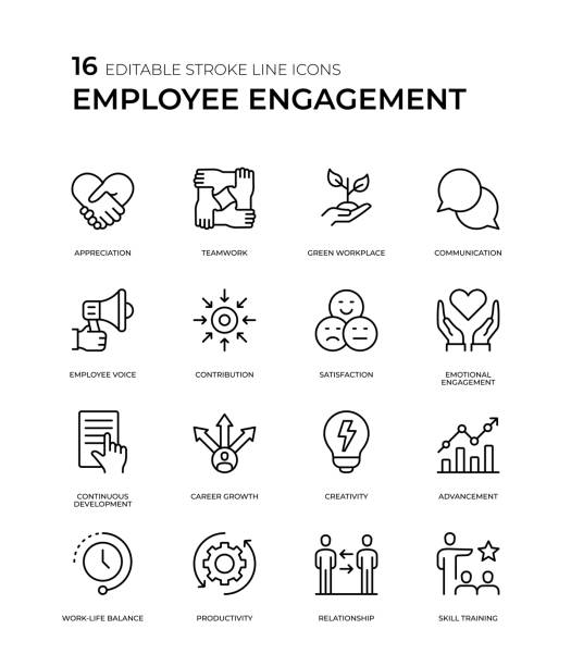 ilustraciones, imágenes clip art, dibujos animados e iconos de stock de conjunto de iconos de línea de compromiso de los empleados - compromiso de los empleados