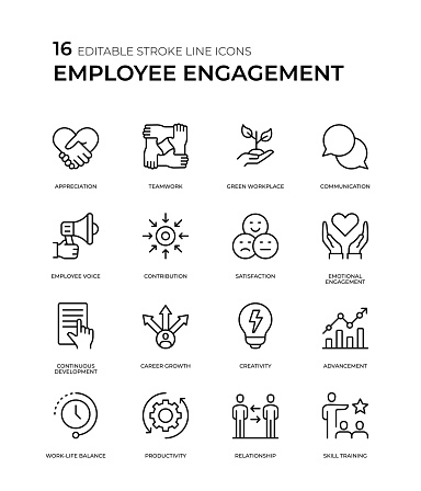 This set includes a variety of line icons related to employee engagement, such as team building, communication, recognition, and motivation. Use these icons in your HR materials, training materials, or presentations to help promote a positive and engaged workplace culture.