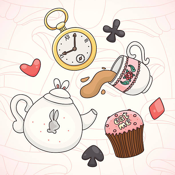 illustrazioni stock, clip art, cartoni animati e icone di tendenza di crazy festa di tè - alice in wonderland tea party tea bizarre