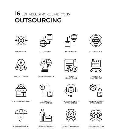 A collection of vector icons representing outsourcing concepts and services such as offshoring, subcontracting, and business process outsourcing.