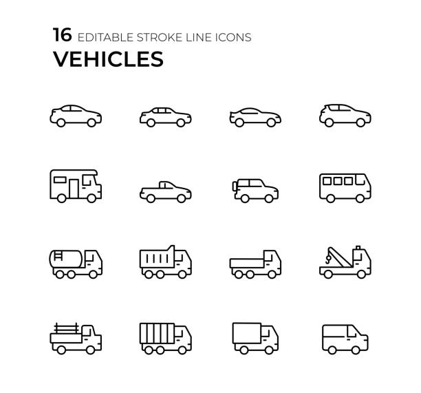 illustrazioni stock, clip art, cartoni animati e icone di tendenza di set di icone della linea veicoli - station wagon