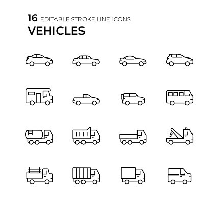 Editable Stroke Vehicles Line Icon Set. Automobile, van, truck, bus and more...