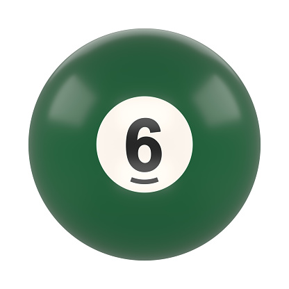 Billiard ball number six green color isolated on white background. Realistic glossy snooker ball. 3D rendering 3D illustration