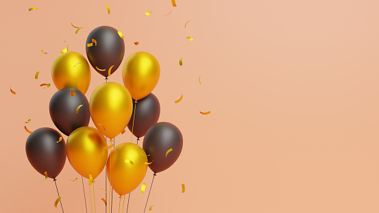 A bunch of gold and black balloons with confetti on a peach background. 3d render illustration