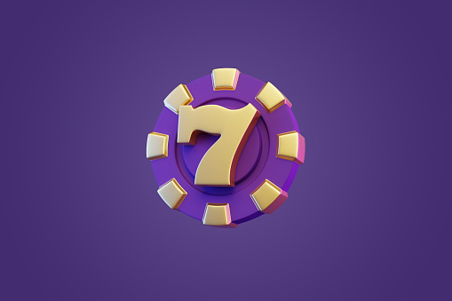 Poker chip and number seven on a purple background. 3d rendering illustration