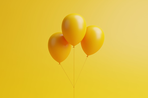 A bunch of yellow balloons on a yellow background. 3d render illustration