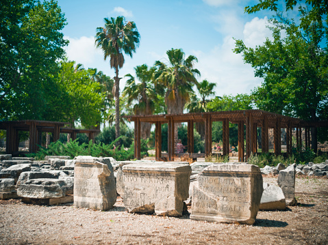 Cordoba, Spain - November 02, 2020: Remaining columns of the Roman temple, templo romano of Cordoba, Andalusia, Spain