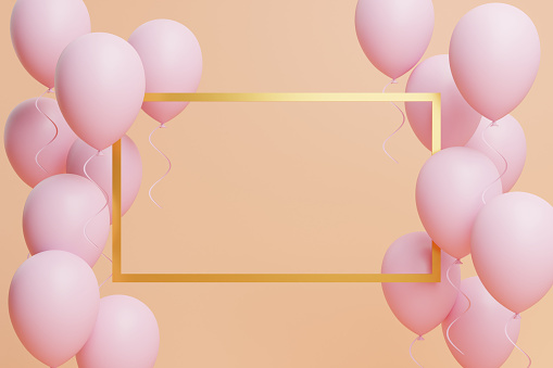 Pink pastel balloons and gold frame floating on peach background. Concept for birthday, party, wedding cards or advertising banners or posters. 3d render illustration