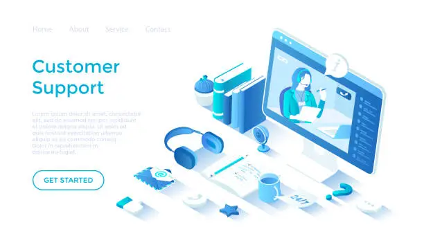 Vector illustration of Customer service, support, technical assistant or call center. Hotline helpdesk. Professional online consultant operator help clients. Landing page template for web on white background.