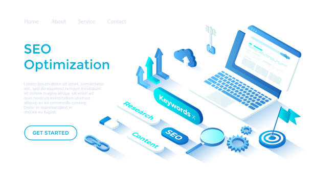 illustrations, cliparts, dessins animés et icônes de optimisation des moteurs de recherche, recherche de mots clés. page de résultats du moteur de recherche sur l’écran de l’ordinateur portable. illustration isométrique. modèle de page de destination pour le web sur fond blanc. - web banner illustrations