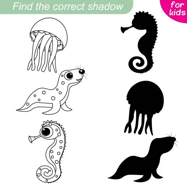 Vector illustration of Find the correct shadow. Marine collection. Jellyfish, seals and seahorses. Educational game