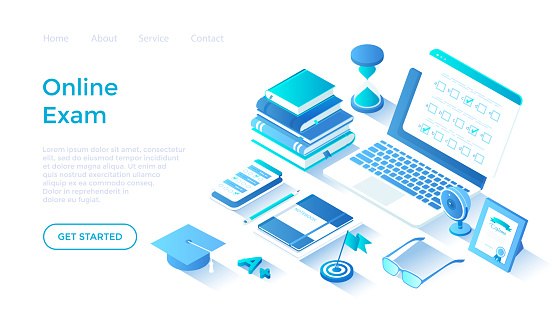 Online Exam Test Concept. Distant Education. Questionnaire form on the laptop screen and phone, books, notebooks, calendar. Isometric illustration. Landing page template for web on white background.