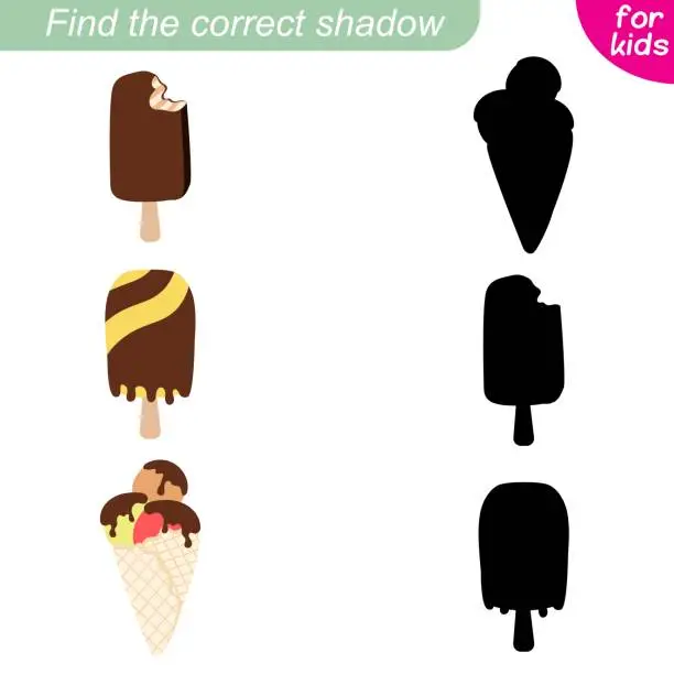 Vector illustration of Find the correct shadow. Ice cream collection. Popsicle ice cream.