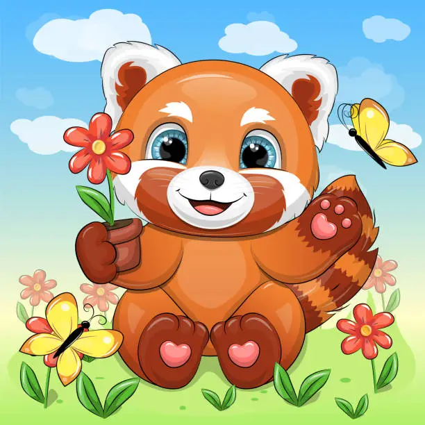 Vector illustration of Cute cartoon red panda with a flower pot.