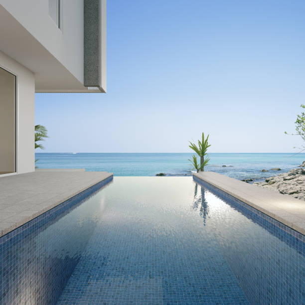 istock Empty terrace floor and white wall in modern beach house or luxury pool villa. 1494014868