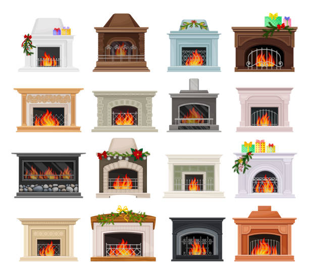 ilustrações de stock, clip art, desenhos animados e ícones de stone fireplace or hearth with mantelpiece and burning fire big vector set - natural gas flame fuel and power generation heat