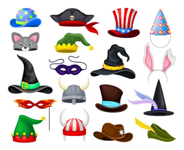 Vector illustration of Funky Hats for Masquerade Party Performance Big Vector Set