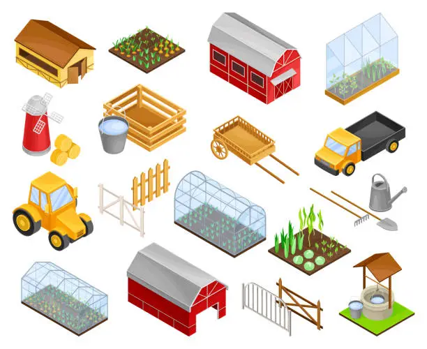 Vector illustration of Gardening and Farm with Barn, Greenhouse, Fence, Tractor and Equipment Isometry Big Vector Set