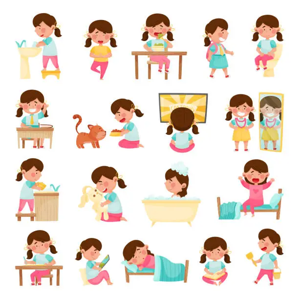 Vector illustration of Little Girl Daily Routine and Day Activity Big Vector Set