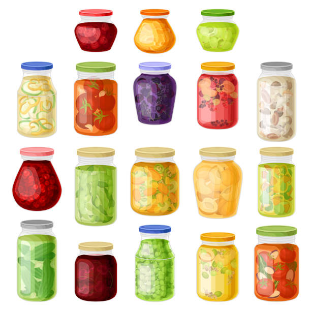 illustrations, cliparts, dessins animés et icônes de pots en verre avec fruits et légumes en conserve big vector set - cucumber vegetable close up fruit