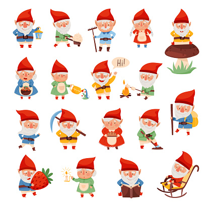 Fantastic Gnome Man and Woman Character with White Beard and Red Pointed Hat Vector Illustration Set. Fairy Tale Dwarf or Hillman