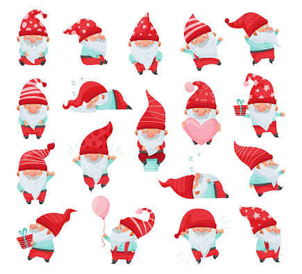 Fantastic Gnome Character with White Beard and Red Pointed Hat Big Vector Illustration Set. Fairy Tale Dwarf or Hillman Engaged in Different Activity