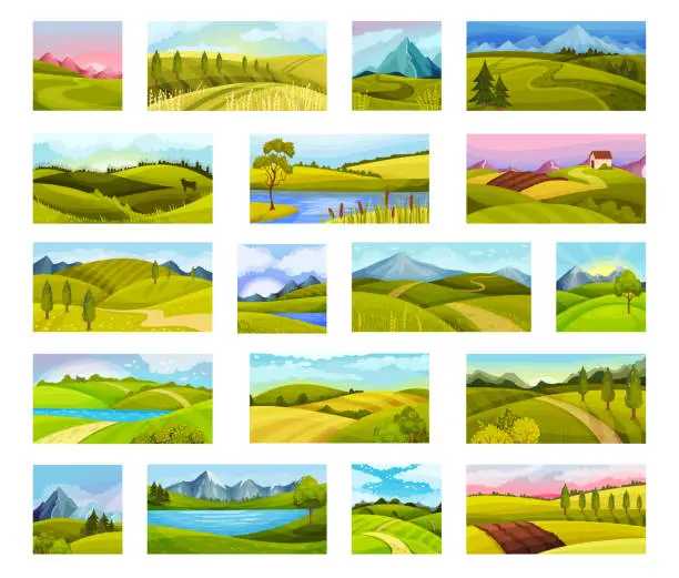 Vector illustration of Green Summer Landscape with Field, River and Mountains Big Vector Set