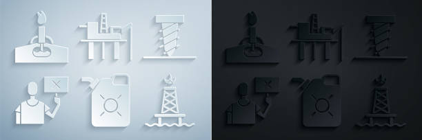 illustrations, cliparts, dessins animés et icônes de boîte de réglage pour huile moteur, trou de forage rotatif, manifestation de sauvegarde de la nature, plate-forme pétrolière avec feu, plate-forme de la mer et icône. vecteur - oil rig sea drill petroleum