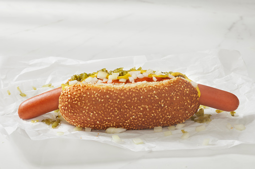 The Foot Long Ballpark Hotdog with, Ketchup, Mustard, Relish and Onions