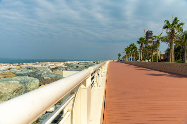 a passarela vermelha na ilha artificial de jumeirah palm em dubai. - jumeirah beach hotel - fotografias e filmes do acervo