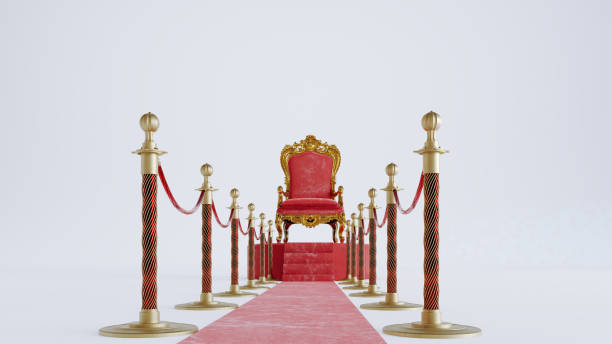 poltrona king velha com tapete vermelho e barreiras douradas no fundo branco, trono do rei, conceito vip - carpet red nobility rope - fotografias e filmes do acervo