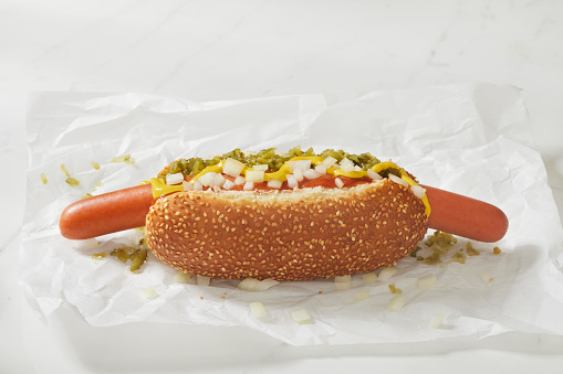 The Foot Long Ballpark Hotdog with, Ketchup, Mustard, Relish and Onions