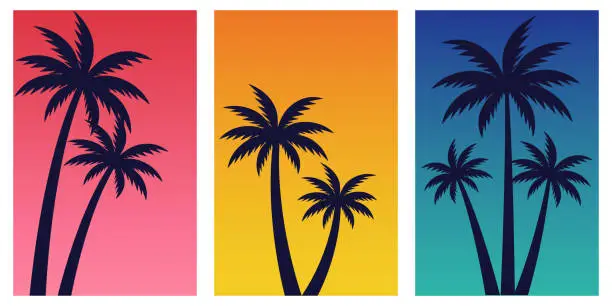 Vector illustration of Vector set of colorful gradient tropical backgrounds with palm trees. Summer poster,flyers template.Vector illustration