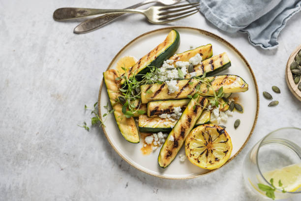 Grilled vegetables appetizer top view on round plate