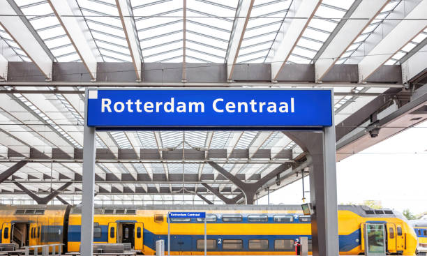 Rotterdam Centraal text blue sign, Rotterdam cental rail station in Netherlands