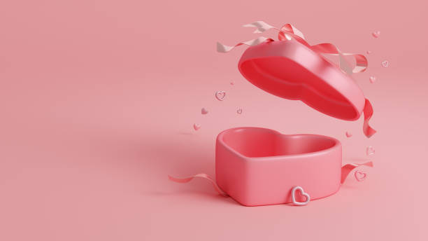 open pink heart shape gift box with balloon hearts and confetti on pink background. happy valentine's day, wedding and anniversary concept. 3d render. - february three dimensional shape heart shape greeting imagens e fotografias de stock