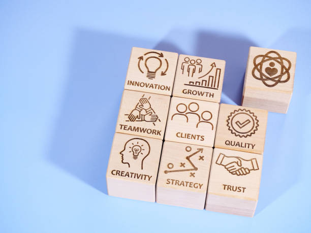istock Symbols of core corporate values on wood blocks 1494021976