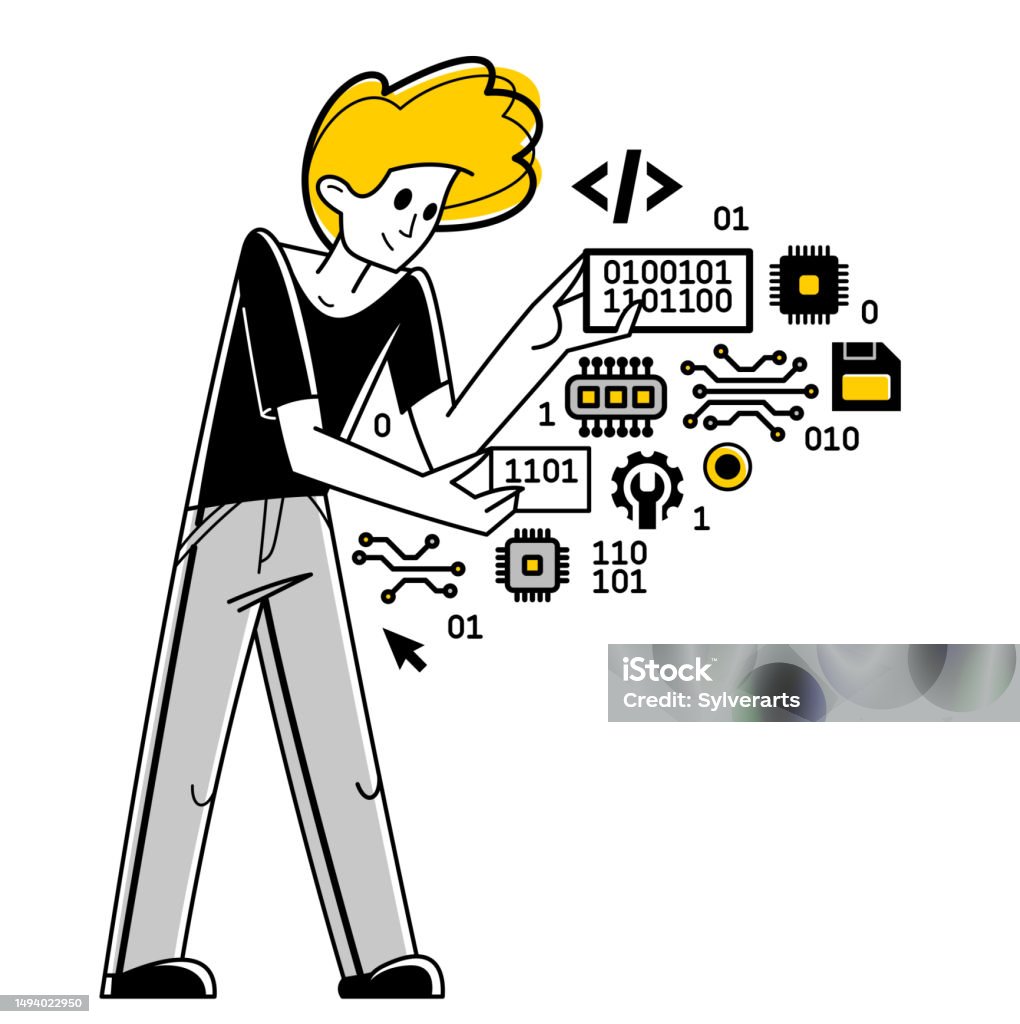 Computer Engineer In Work Vector Outline Illustration Programmer And ...
