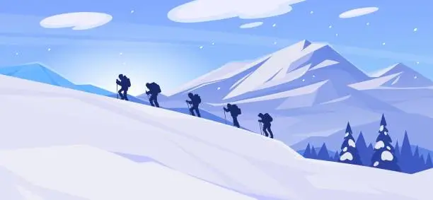 Vector illustration of Landscape background with a group of mountaineers climbing a snowy mountain
