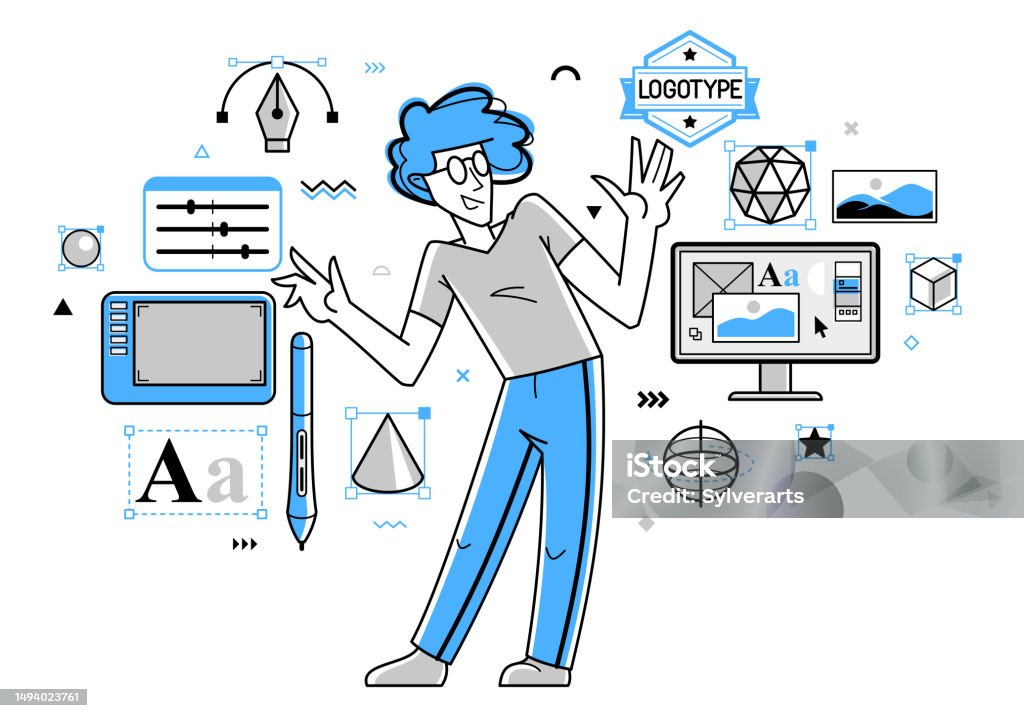 Graphic Designer Doing Some Creative Job Using Computer Software ...