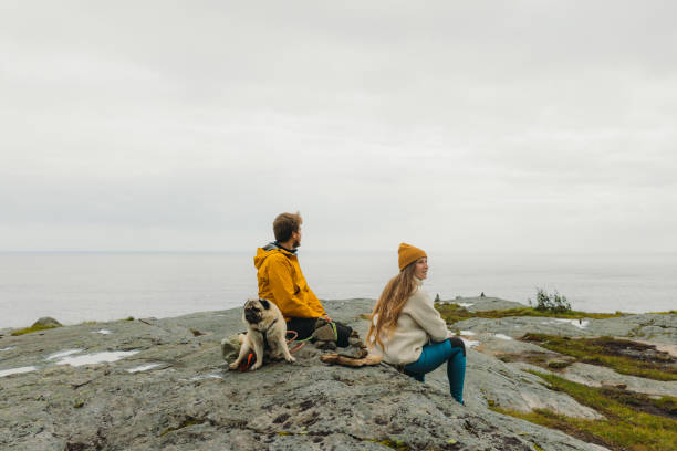 Happy woman and man with dog contemplating summer day outdoors on Lofoten Islands stock photo