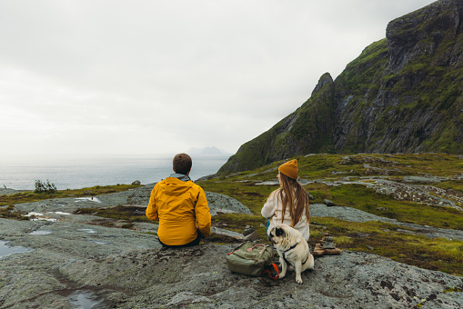 Rear view of heterosexual couple relaxing at the cliff with their pug and looking at the ocean and the mountains on Lofoten, Nordland, Northern Norway
