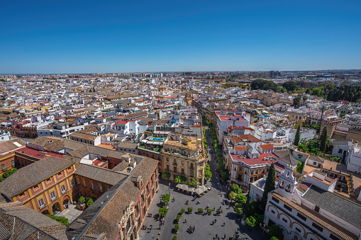 Aerial View of Seville and Plaza Virgen de Los Reyes Square - Seville, Andalusia, Spain