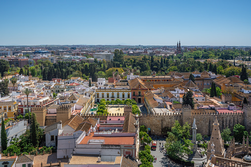 Aerial View of Seville with Alcazar (Royal Palace of Seville) - Seville, Andalusia, Spain