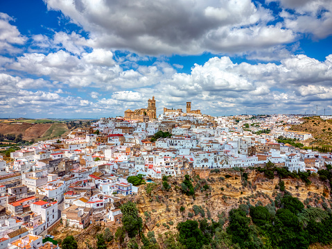 Panoramic of Arcos de la Frontera, white city built on a rock along the Guadalete river, in the province of Cádiz, Spain