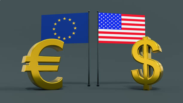 gold-plated euro and dollar symbols with the flags of the european union and the united states face each other on a neutral gray background. finance concept. world currencies. 3d rendering. - currency exchange currency european union currency dollar imagens e fotografias de stock