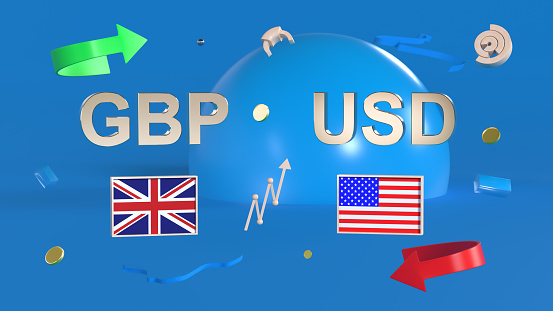 Gold-plated GBP and USD symbols with Great Britain and US flags set against abstract shapes, arrows and charts. 3D rendering. Finance concept, forex