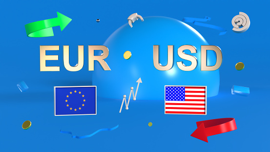 Gold-plated EUR and USD symbols with European Union and US flags set against abstract shapes, arrows and charts. 3D rendering. Finance concept, forex